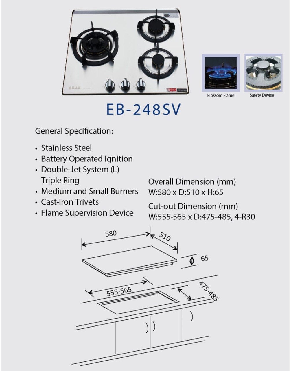ELLANE 2-Burner Stainless Steel Gas Hob (EB-248SV)