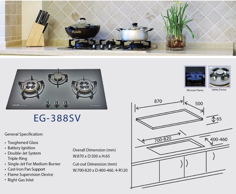 ELLANE 3-Burner Glass Gas Hob (EG-388SV)