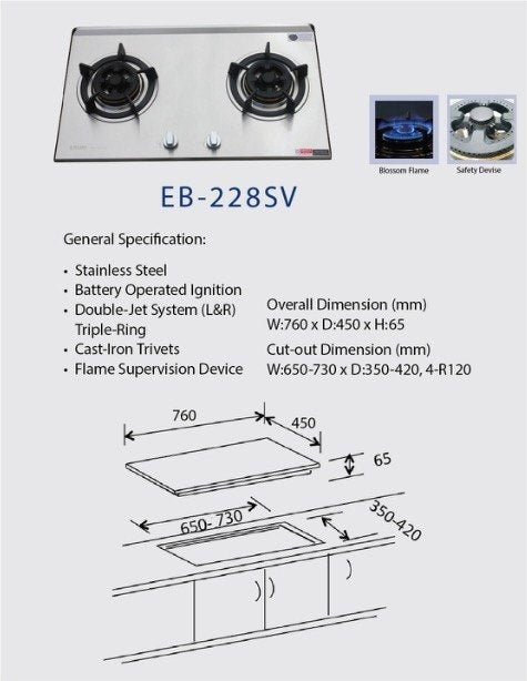 ELLANE 2-Burner Stainless Steel Gas Hob (EB-228SV)