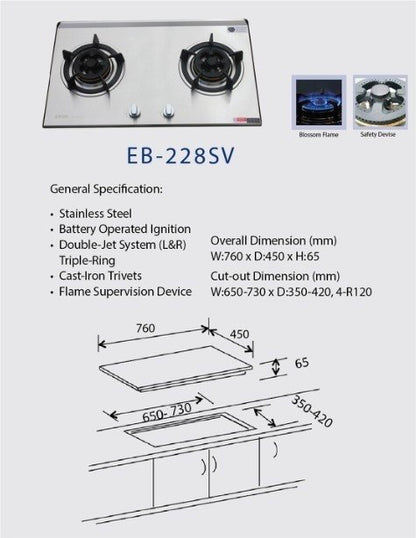 ELLANE 2-Burner Stainless Steel Gas Hob (EB-228SV)