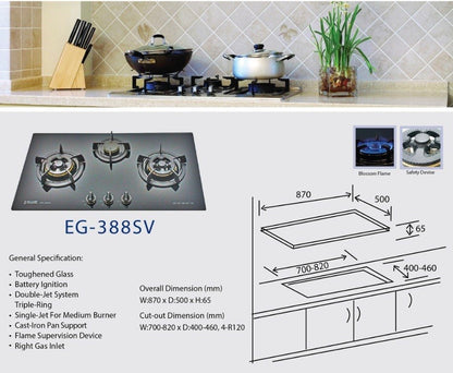 ELLANE 3-Burner Glass Gas Hob (EG-388SV)