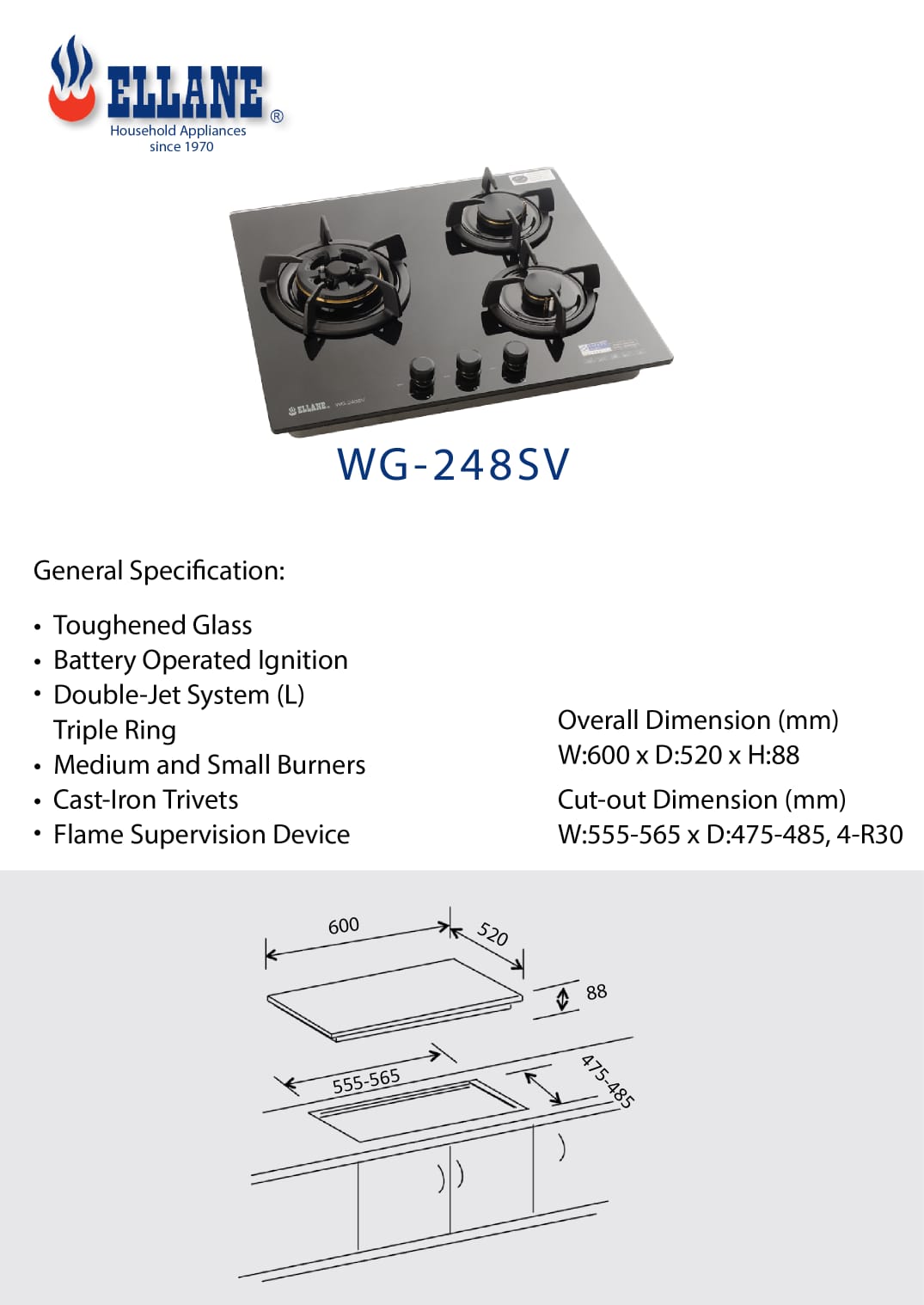 ELLANE 3-Burner Glass Gas Hob (WG-248SV)