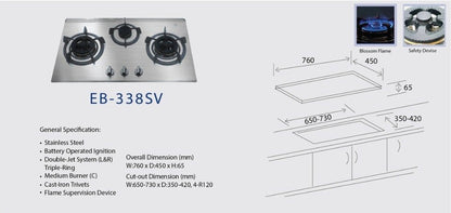 ELLANE 3-Burner Stainless Steel Gas Hob (EB-338SV)