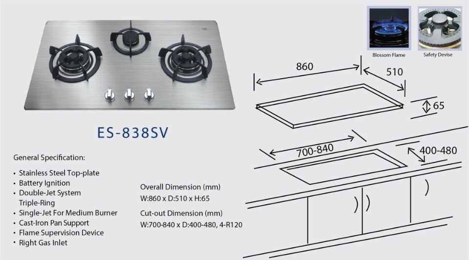 ELLANE 3-Burner Stainless Steel Gas Hob (ES-838SV)
